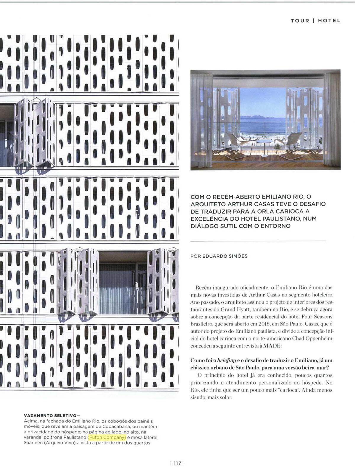 Poltronas Paulistano brancas (com capa de Sunbrella®), nas suites do hotel Emiliano no Rio (projeto Arthur Casa
